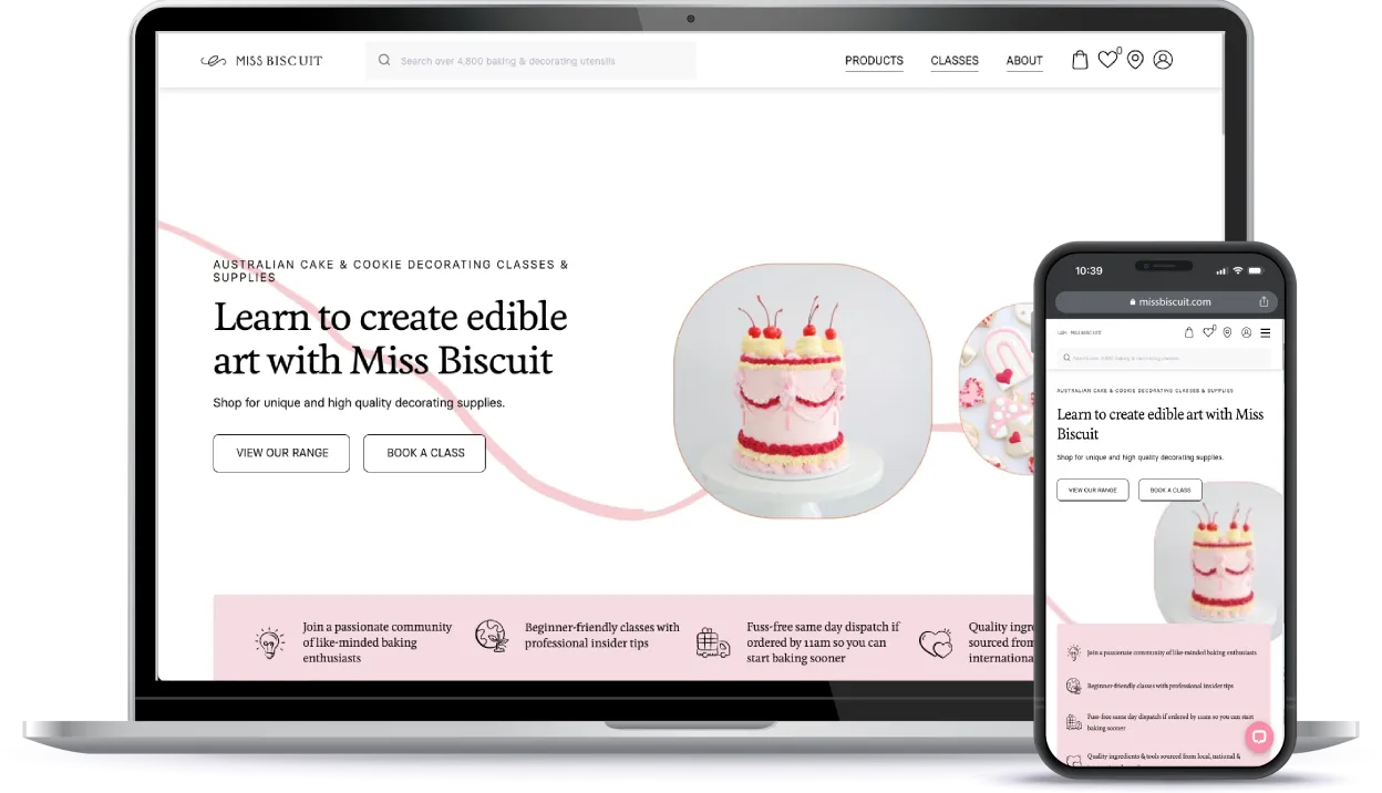 Miss Biscuit website for edible art classes, a WP Engine WooCommerce customer