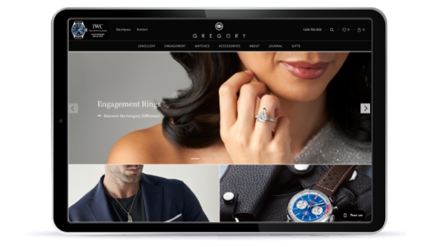 WordPress site mockup with hero images of people modeling fine jewelry