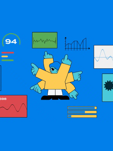 Illustration of person pointing at website performance charts